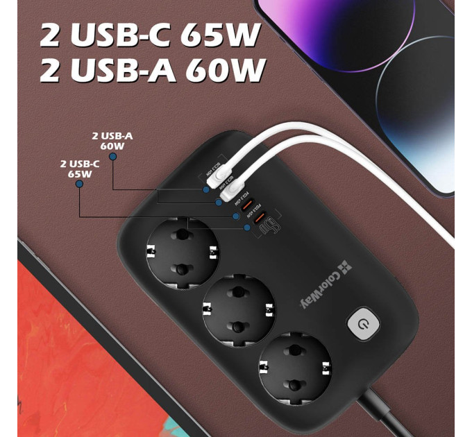 ColorWay Фільтр живлення ColorWay CW-CHE34PDB GaN3 Pro PD 65W (2USB-A + 2 TYPE-C) 3 розетки, 4 USB, 2 м, чорний