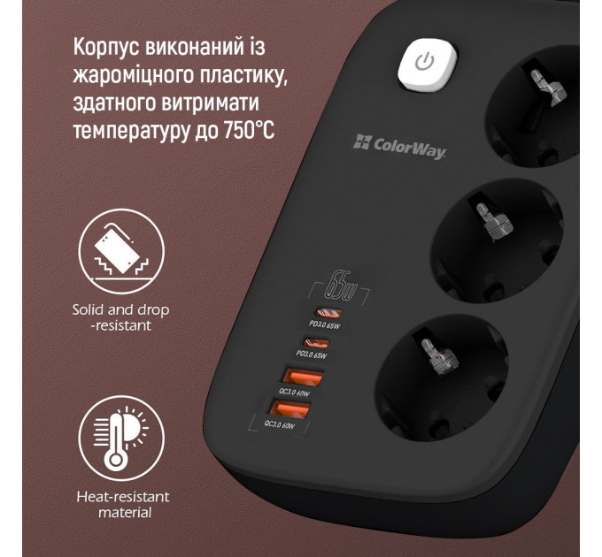 ColorWay Фільтр живлення ColorWay CW-CHE34PDB GaN3 Pro PD 65W (2USB-A + 2 TYPE-C) 3 розетки, 4 USB, 2 м, чорний