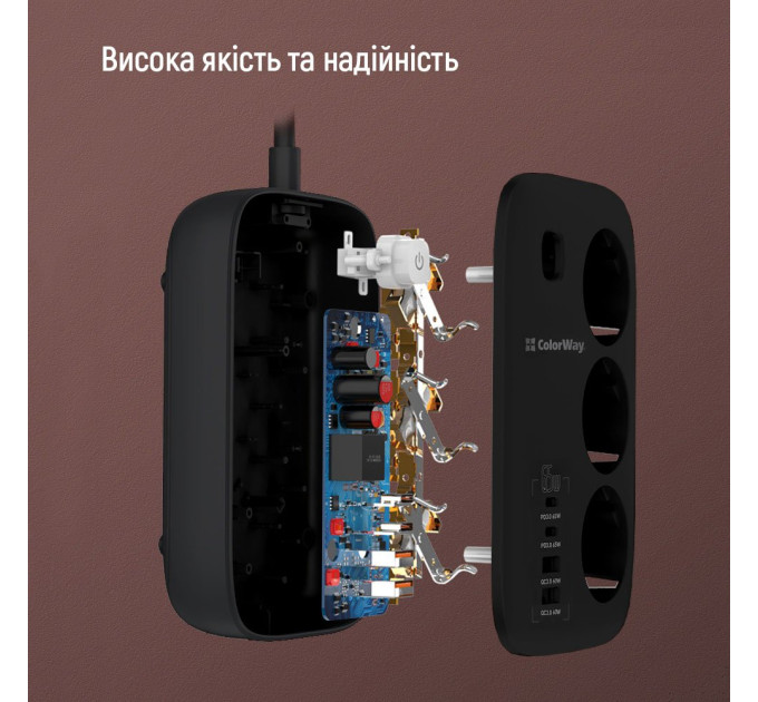 ColorWay Фільтр живлення ColorWay CW-CHE34PDB GaN3 Pro PD 65W (2USB-A + 2 TYPE-C) 3 розетки, 4 USB, 2 м, чорний