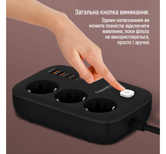 ColorWay Фільтр живлення ColorWay CW-CHE34PDB GaN3 Pro PD 65W (2USB-A + 2 TYPE-C) 3 розетки, 4 USB, 2 м, чорний