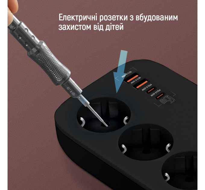 ColorWay Фільтр живлення ColorWay CW-CHE34PDB GaN3 Pro PD 65W (2USB-A + 2 TYPE-C) 3 розетки, 4 USB, 2 м, чорний