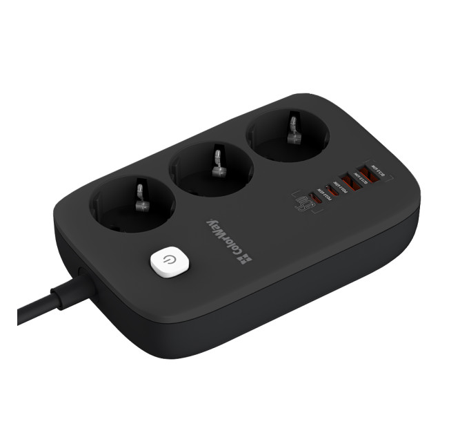 ColorWay Фільтр живлення ColorWay CW-CHE34PDB GaN3 Pro PD 65W (2USB-A + 2 TYPE-C) 3 розетки, 4 USB, 2 м, чорний