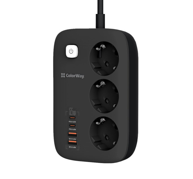 ColorWay Фільтр живлення ColorWay CW-CHE34PDB GaN3 Pro PD 65W (2USB-A + 2 TYPE-C) 3 розетки, 4 USB, 2 м, чорний