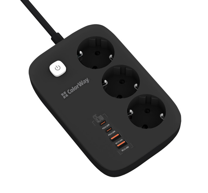 ColorWay Фільтр живлення ColorWay CW-CHE34PDB GaN3 Pro PD 65W (2USB-A + 2 TYPE-C) 3 розетки, 4 USB, 2 м, чорний