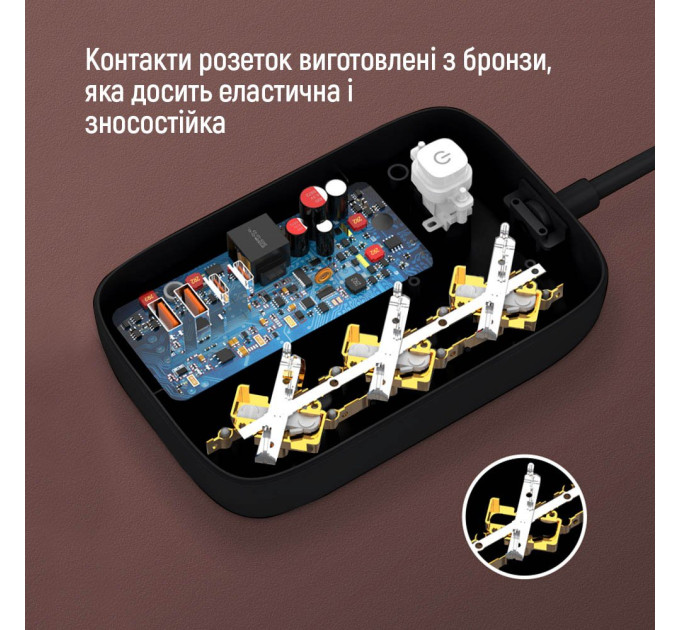 ColorWay Фільтр живлення ColorWay CW-CHE34PDB GaN3 Pro PD 65W (2USB-A + 2 TYPE-C) 3 розетки, 4 USB, 2 м, чорний