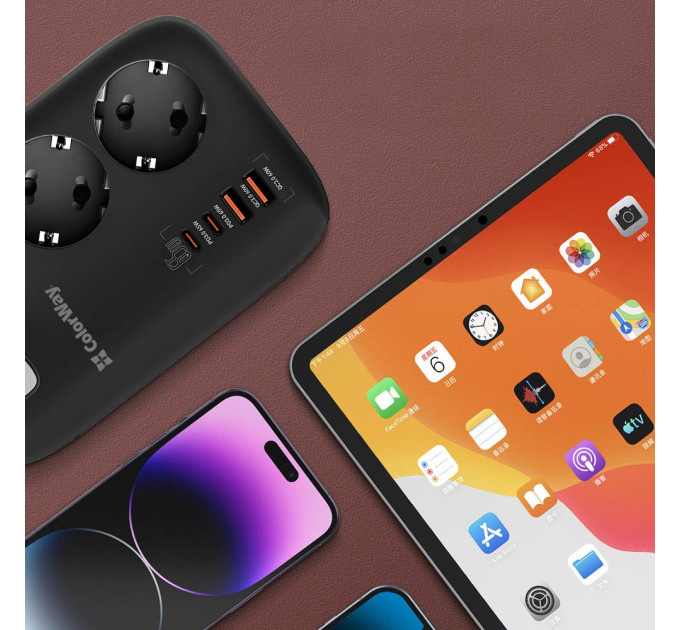ColorWay Фільтр живлення ColorWay CW-CHE34PDB GaN3 Pro PD 65W (2USB-A + 2 TYPE-C) 3 розетки, 4 USB, 2 м, чорний