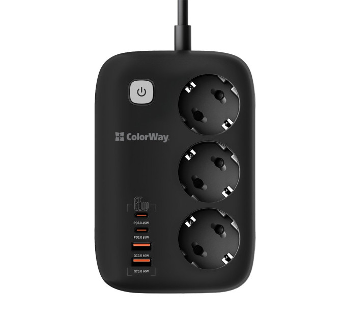 ColorWay Фільтр живлення ColorWay CW-CHE34PDB GaN3 Pro PD 65W (2USB-A + 2 TYPE-C) 3 розетки, 4 USB, 2 м, чорний