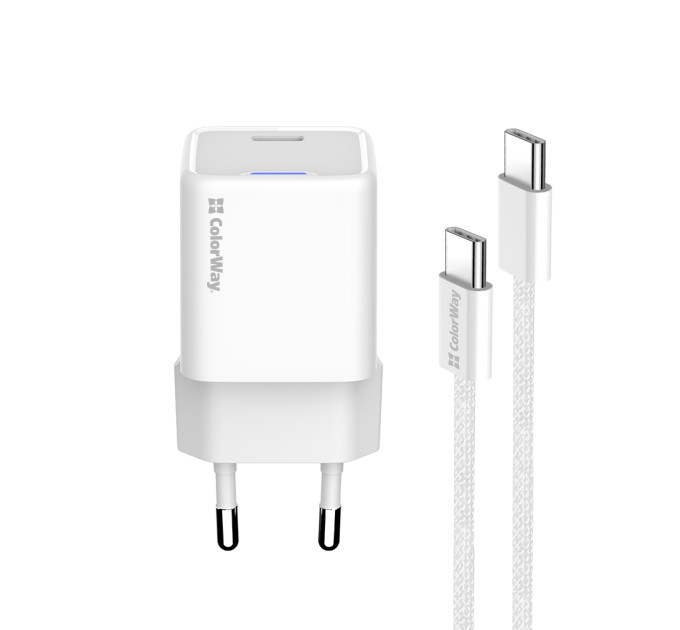ColorWay Мережевий зарядний пристрій ColorWay GaN Mini 25W PD Port PPS USB-C White (CW-CHS052PDC-WT) + кабель USB Type-C