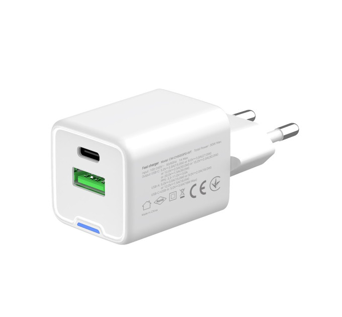 ColorWay Мережевий зарядний пристрій ColorWay GaN Mini 30W PD Port PPS USB (Type-C PD + USB QC4.0) White (CW-CHS053PD-WT)