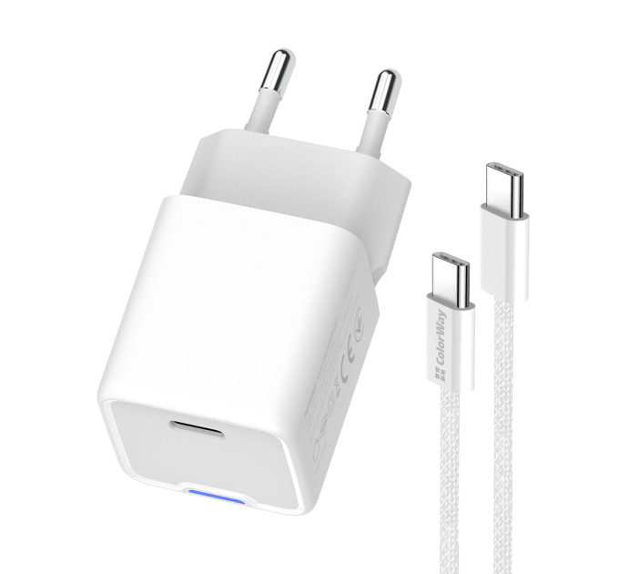 ColorWay Мережевий зарядний пристрій ColorWay GaN Mini 30W PD Port PPS USB-C White (CW-CHS054PDC-WT) + кабель USB Type-C