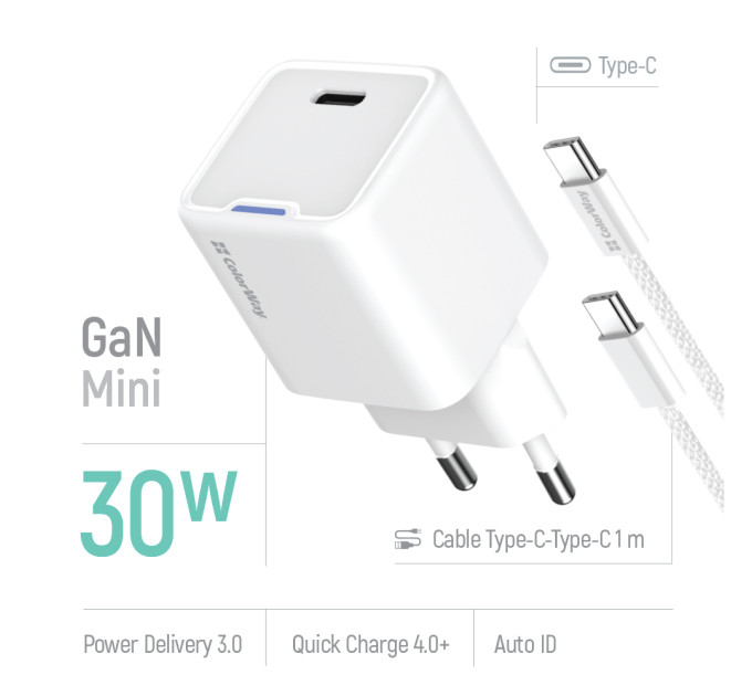 ColorWay Мережевий зарядний пристрій ColorWay GaN Mini 30W PD Port PPS USB-C White (CW-CHS054PDC-WT) + кабель USB Type-C