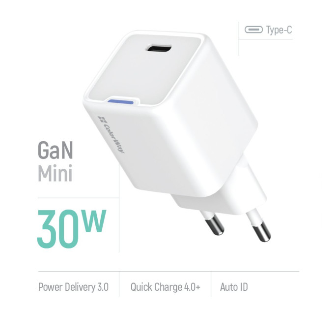 ColorWay Мережевий зарядний пристрій ColorWay GaN Mini 30W PD Port PPS USB-C White (CW-CHS054PD-WT)