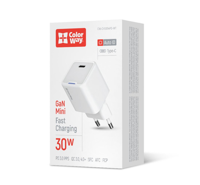 ColorWay Мережевий зарядний пристрій ColorWay GaN Mini 30W PD Port PPS USB-C White (CW-CHS054PD-WT)