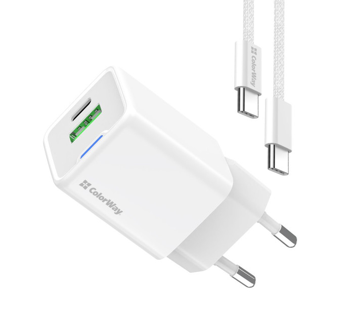 ColorWay Мережевий зарядний пристрій ColorWay GaN Mini 35W PD Port PPS USB (Type-C PD + USB QC4.0) White (CW-CHS055PDC-WT) + кабель USB Type-C