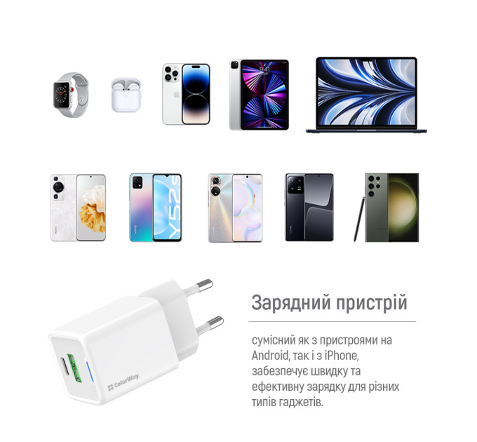 ColorWay Мережевий зарядний пристрій ColorWay GaN Mini 35W PD Port PPS USB (Type-C PD + USB QC4.0) White (CW-CHS055PD-WT)