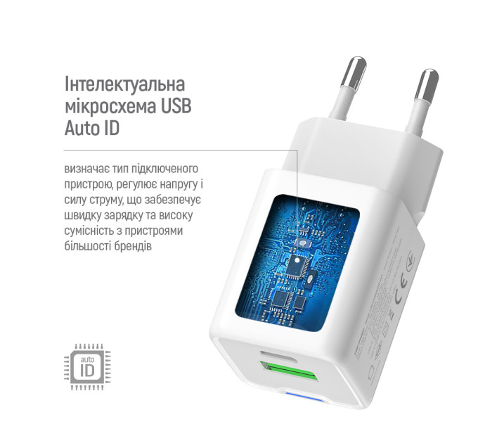 ColorWay Мережевий зарядний пристрій ColorWay GaN Mini 35W PD Port PPS USB (Type-C PD + USB QC4.0) White (CW-CHS055PD-WT)
