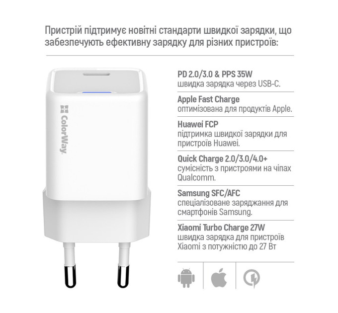 ColorWay Мережевий зарядний пристрій ColorWay GaN Mini 35W PD Port PPS USB-C White (CW-CHS056PD-WT)