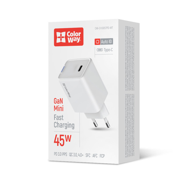 ColorWay Мережевий зарядний пристрій ColorWay GaN Mini 45W PD Port PPS USB-C White (CW-CHS057PD-WT)