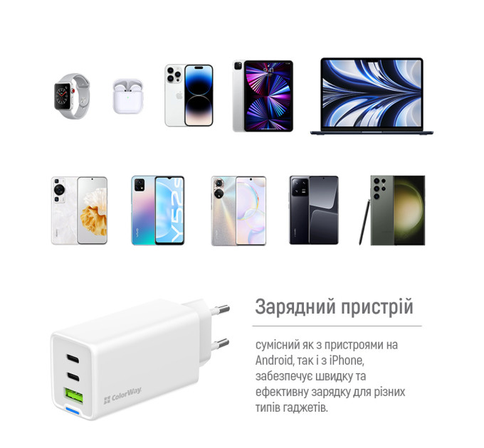 ColorWay Мережевий зарядний пристрій ColorWay GaN Mini 65W PD Port PPS USB (USB-2C1A) White (CW-CHS058PDCL-WT) + кабель Type-C&Lightning