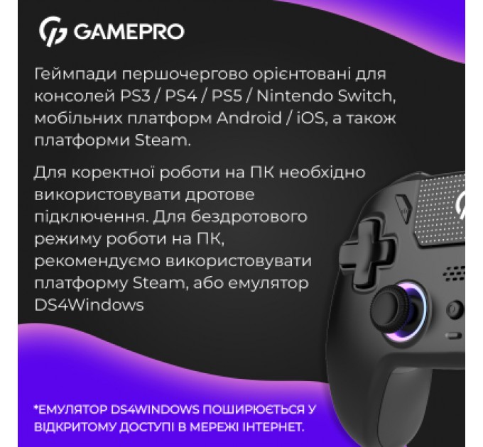 GamePro Геймпад GamePro із зарядною станцією 2.4G/BT 5.1/USB (Switch/PS/PC/iOS/Android) RGB Black (GPS20BDOC)