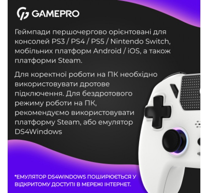 GamePro Геймпад GamePro із зарядною станцією 2.4G/BT 5.1/USB (Switch/PC/PS/iOS/Android) RGB White (GPS20W)