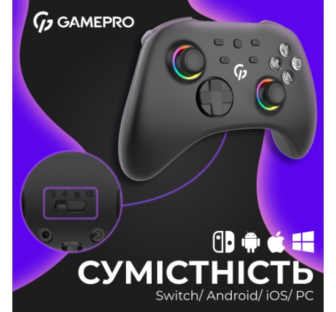GamePro Геймпад GamePro із зарядною станцією BT 5.3/USB/2.4 ГГц (Switch/PC/iOS/Android) RGB Black (GPX13BDOC)