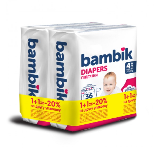 Bambik Підгузки Bambik Medium 7-18 кг Розмір 4 Maxi 2 х 36 шт (4823071664034)