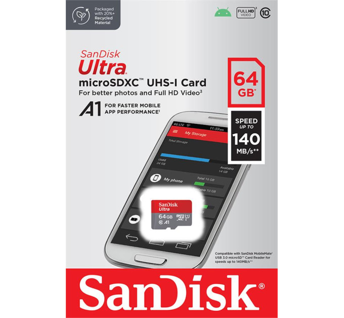 SanDisk Карта пам'яті SanDisk 64GB microSDXC class 10 UHS-I A1 (SDSQUAB-064G-GN6MN)