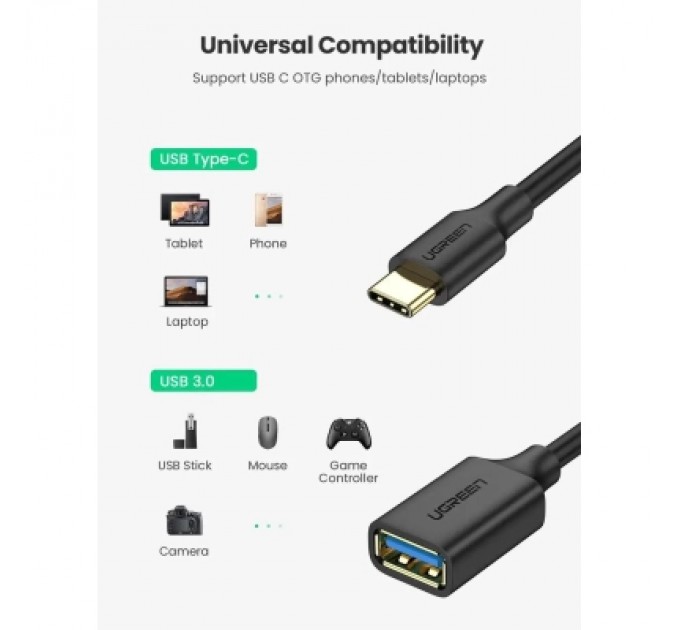 Ugreen Перехідник OTG USB 3.0 AF to USB-C US154 black Ugreen (30701)