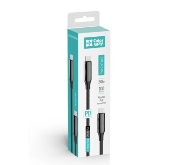 ColorWay Дата кабель USB-C to USB-C 2.0m (PVC+Aluminum Alloy) (PD Fast Charging 240W) 5А black ColorWay (CW-CBPDCC070-BK)