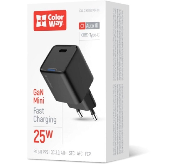 ColorWay Зарядний пристрій ColorWay GaN Mini 25W PD Port PPS USB-C black (CW-CHS052PD-BK)