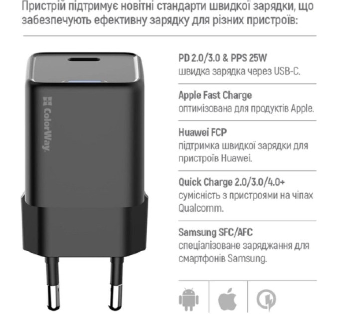 ColorWay Зарядний пристрій ColorWay GaN Mini 25W PD Port PPS USB-C black (CW-CHS052PD-BK)