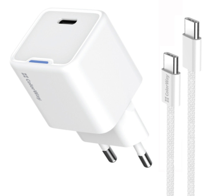 ColorWay Зарядний пристрій ColorWay GaN Mini 30W PD Port PPS USB (Type-C PD + USB QC4.0) cable Type-C (CW-CHS053PDC-WT)