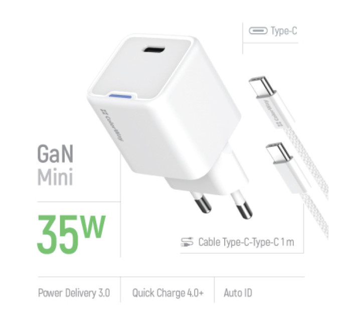 ColorWay Зарядний пристрій ColorWay GaN Mini 30W PD Port PPS USB (Type-C PD + USB QC4.0) cable Type-C (CW-CHS053PDC-WT)