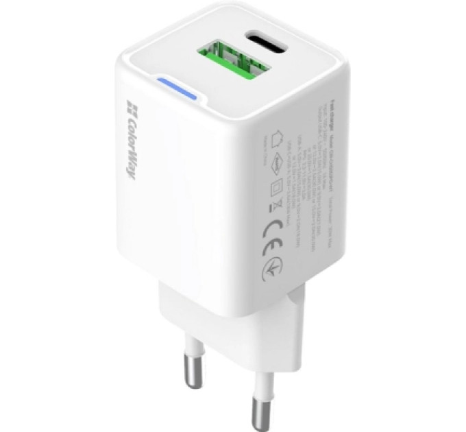 ColorWay Зарядний пристрій ColorWay GaN Mini 30W PD Port PPS USB (Type-C PD + USB QC4.0) white (CW-CHS053PD-WT)