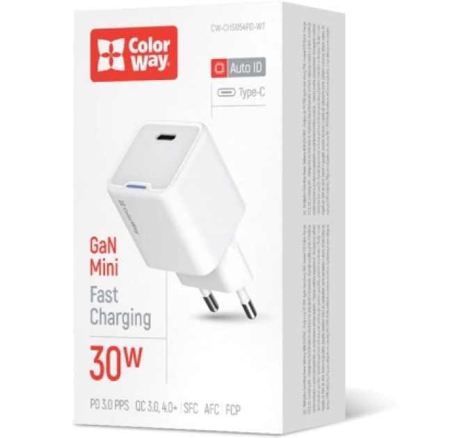 ColorWay Зарядний пристрій ColorWay GaN Mini 30W PD Port PPS USB-C white (CW-CHS054PD-WT)