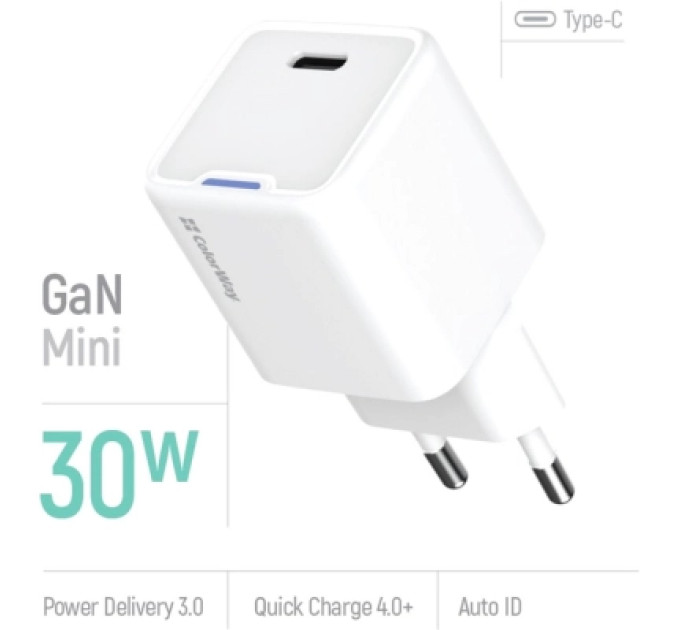 ColorWay Зарядний пристрій ColorWay GaN Mini 30W PD Port PPS USB-C white (CW-CHS054PD-WT)