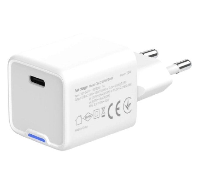 ColorWay Зарядний пристрій ColorWay GaN Mini 30W PD Port PPS USB-C white (CW-CHS054PD-WT)
