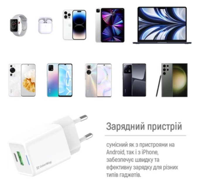 ColorWay Зарядний пристрій ColorWay GaN Mini 35W PD Port PPS USB (Type-C PD + USB QC4.0) cable Type-C (CW-CHS055PDC-WT)