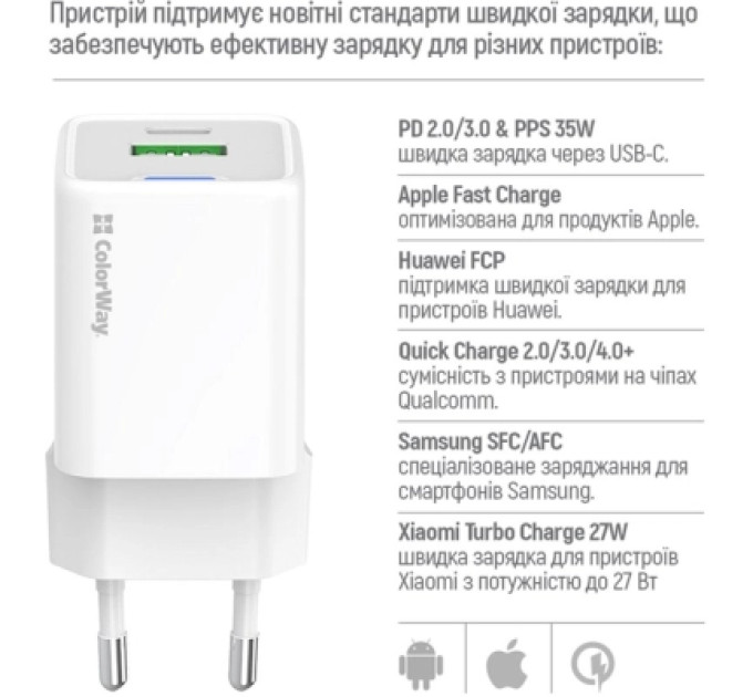 ColorWay Зарядний пристрій ColorWay GaN Mini 35W PD Port PPS USB (Type-C PD + USB QC4.0) white (CW-CHS055PD-WT)