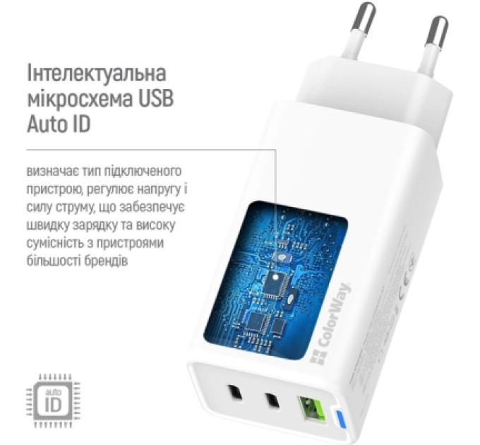 ColorWay Зарядний пристрій ColorWay GaN Mini 65W PD Port PPS USB (USB-2C1A) white (CW-CHS058PD-WT)