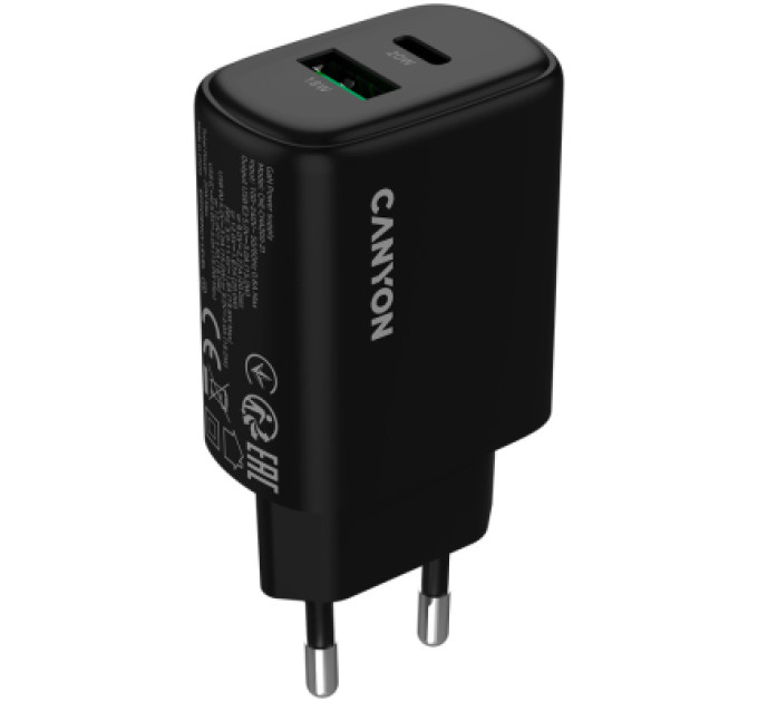 Canyon Зарядний пристрій Canyon OnCharge 200 20W 1xPD 1xQC EU Black (CNE-CHA200-31)