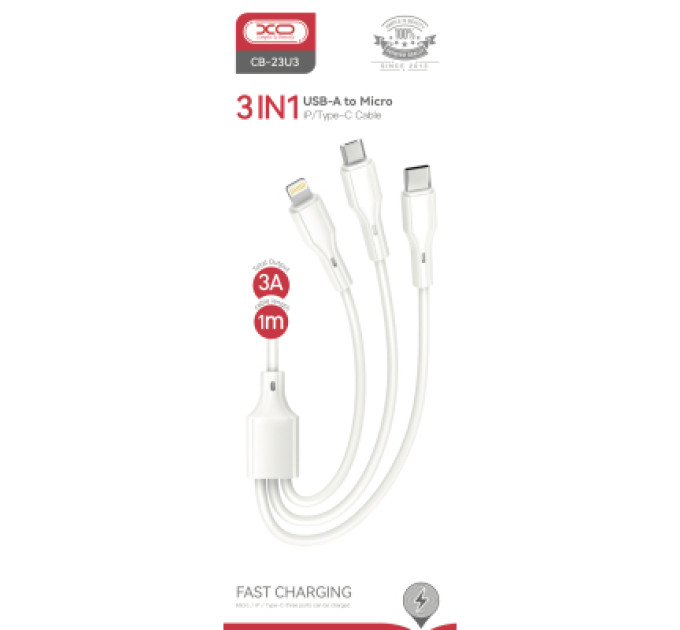 XO Дата кабель USB 2.0 AM to Lightning + Micro 5P + Type-C 1.0m 2.4A XO (CB-23U3)