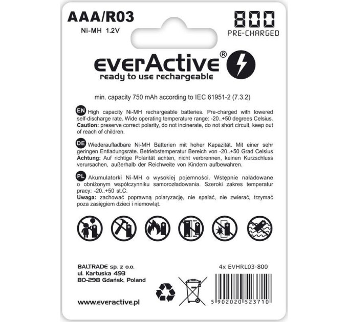 everActive Акумулятор everActive AAA/HR03 Ni-MH 800mAh BL 4шт