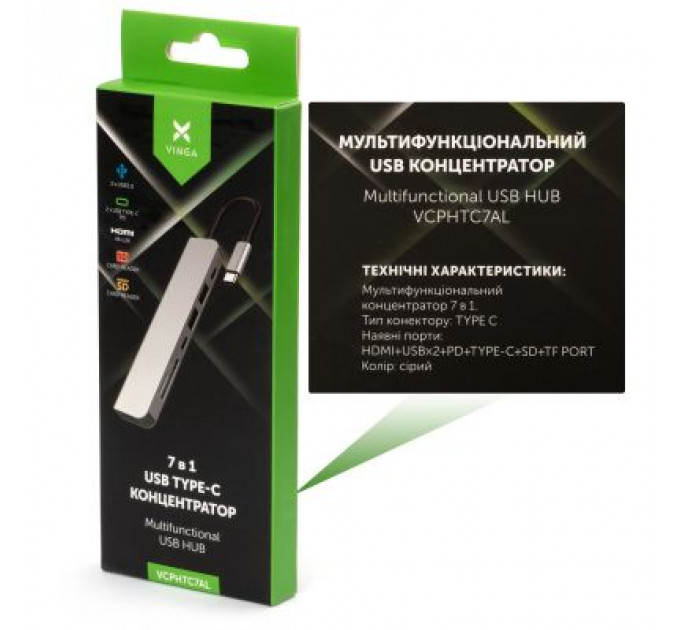 Концентратор Vinga Type-C to 4K HDMI+2*USB3.0+SD+TF+PD+USB-C 3.1 Gen1 aluminium (VCPHTC7AL)