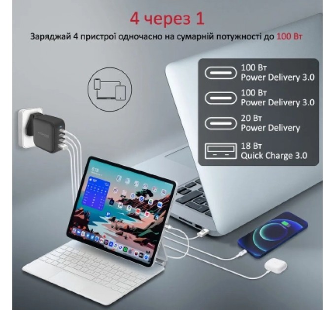 Promate Зарядний пристрій Promate ganport4-100pd.black