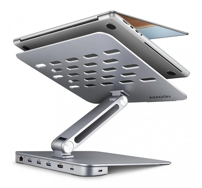 AXAGON Багатопортовий USB-C хаб 5 Гбіт/с та алюмінієва підставка для ноутбуків. HDMI 4k/60 Гц, GLAN, PD та 3 порти USB-A. Кабель USB-C 60 см AXAGON