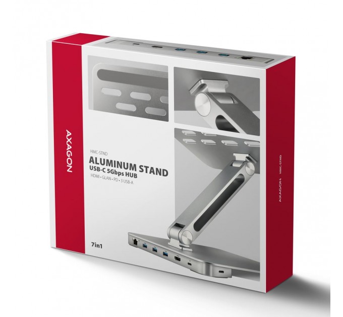 AXAGON Багатопортовий USB-C хаб 5 Гбіт/с та алюмінієва підставка для ноутбуків. HDMI 4k/60 Гц, GLAN, PD та 3 порти USB-A. Кабель USB-C 60 см AXAGON
