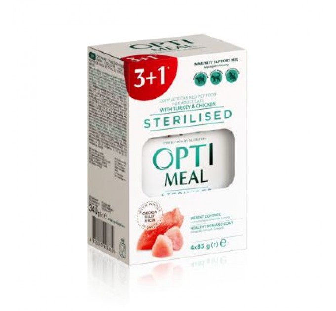 Optimeal Вологий корм для кішок Optimeal для стерилізованих з індичкою та курячим філе в соусі 4x85 г (4820083908682)