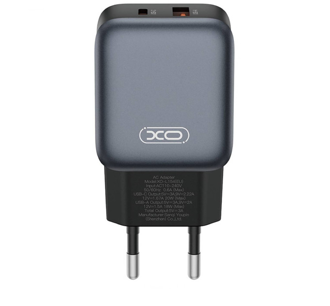 XO Мережевий зарядний пристрій XO L154 (1USB-С, 1USB, 3А) PD, QC 3.0 Black (L154.black)